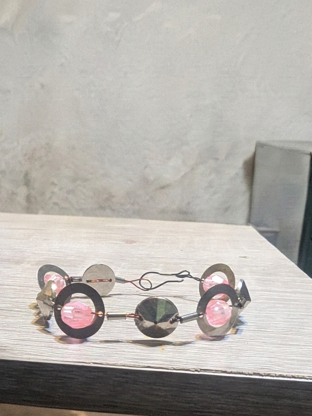 Pink Crystal and Silver Disc Women's Bracelet